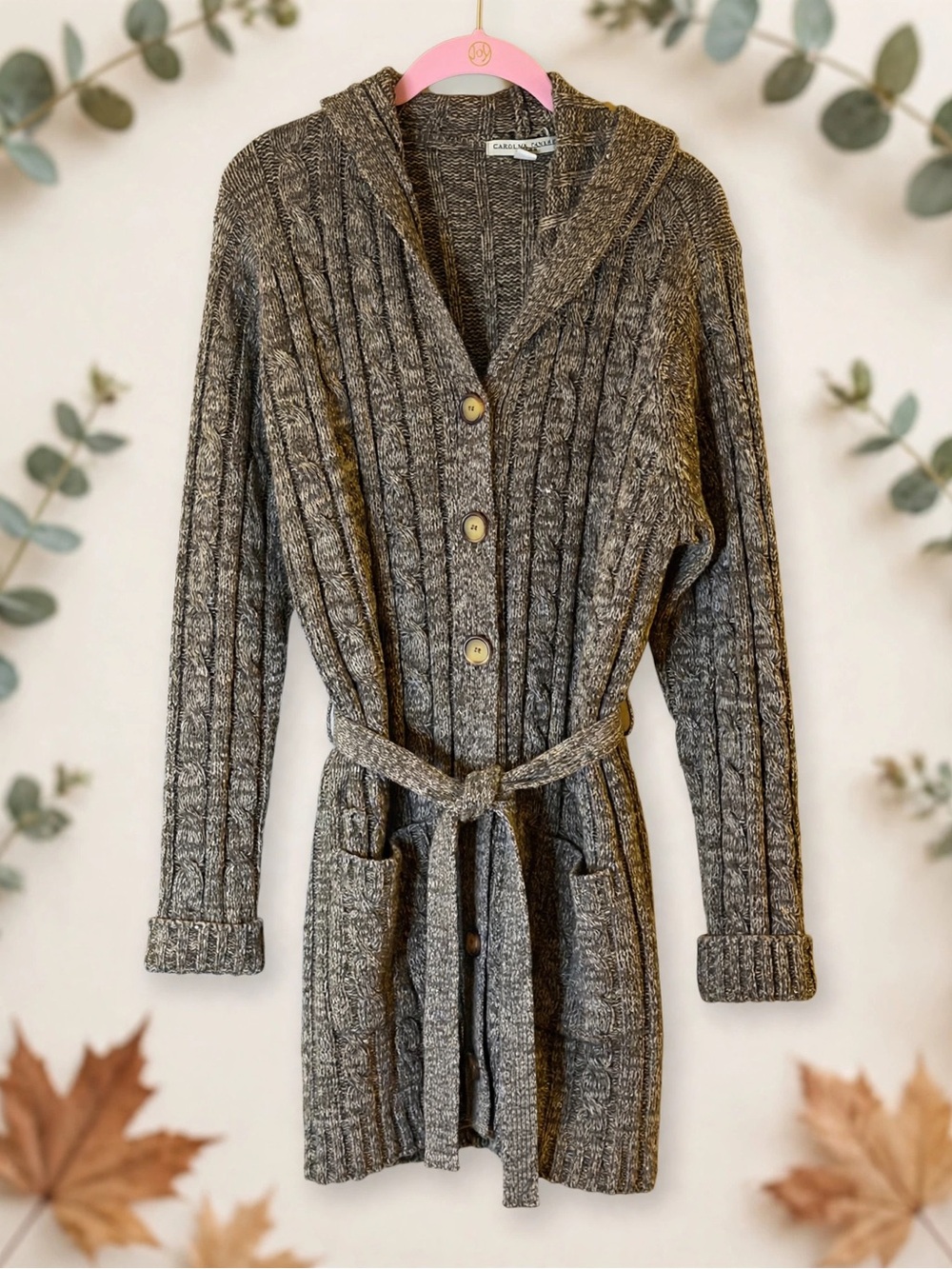 Carolyn Taylor Marled Gray Cable Knit Hooded Cardigan with Belt